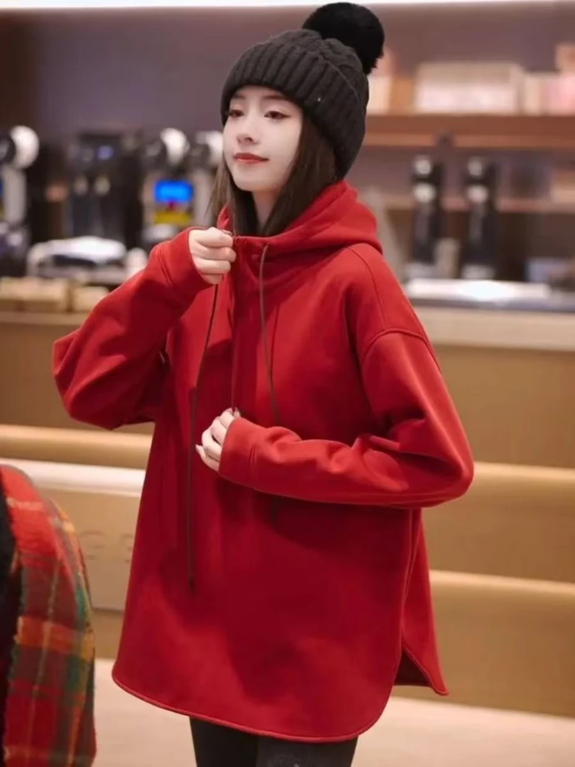 连帽卫衣长袖时尚休闲百搭红色宽松加绒加厚网红女士纯色ins韩版
