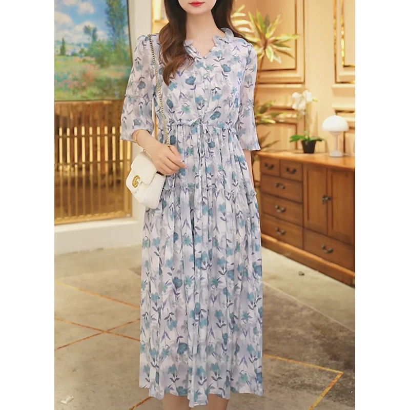 【堇兰桑蚕丝】春夏气质真丝裙印花收腰桑蚕丝连衣裙女YYQ22-440