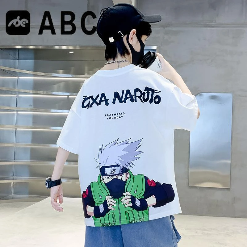 ABC火影联名男童夏装纯棉T恤白色短袖2025中大儿童洋帅气宽松潮t