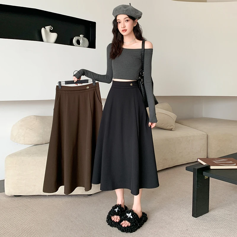 2025新款高腰高级感伞裙黑色半身裙伞伞裙春秋季中长款大摆a字裙