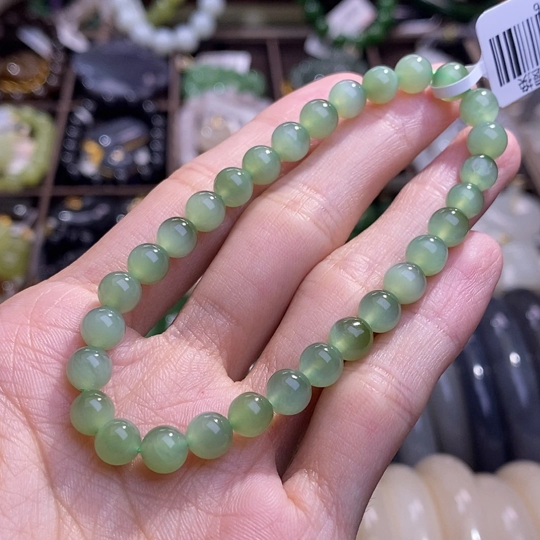 颈饰未镶嵌和田玉碧玉粉青猫眼手串6MM