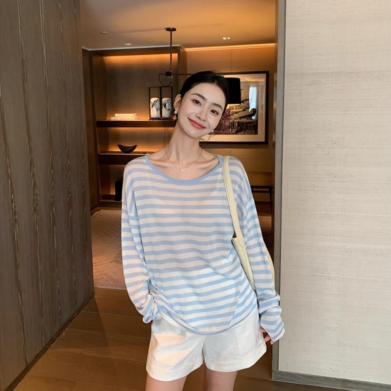 蓝色条纹轻薄防晒罩衫女夏季韩系慵懒松弛感冰丝长袖t恤薄纱上衣
