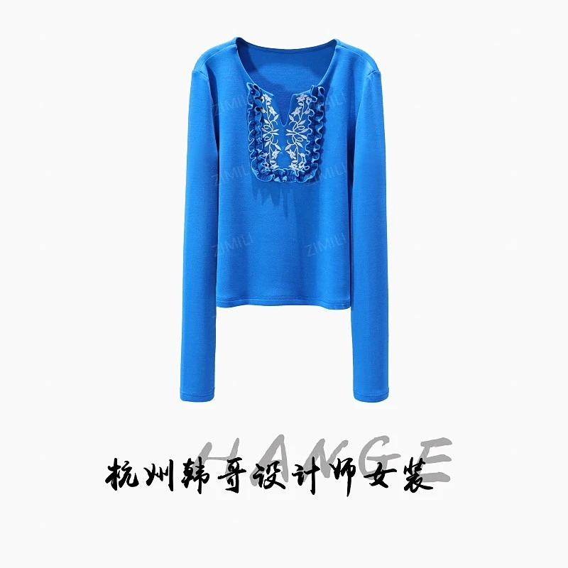 【韩哥欧货女装】冬季热感天丝《花丛》蓝色高弹打底显瘦上衣26015-A9