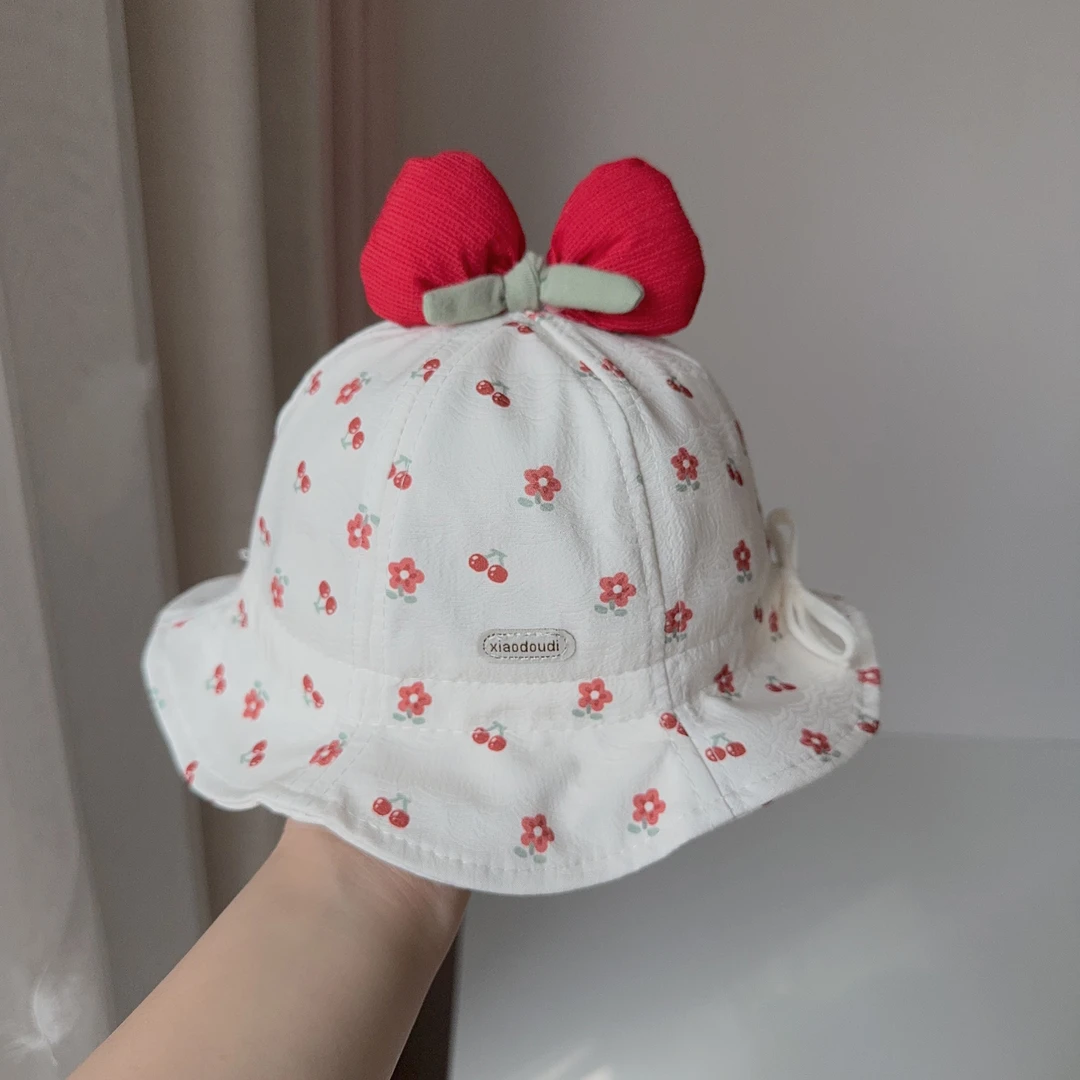 女宝宝帽子春夏天樱桃花朵蝴蝶结调节甜美小童公主遮阳渔夫盆帽