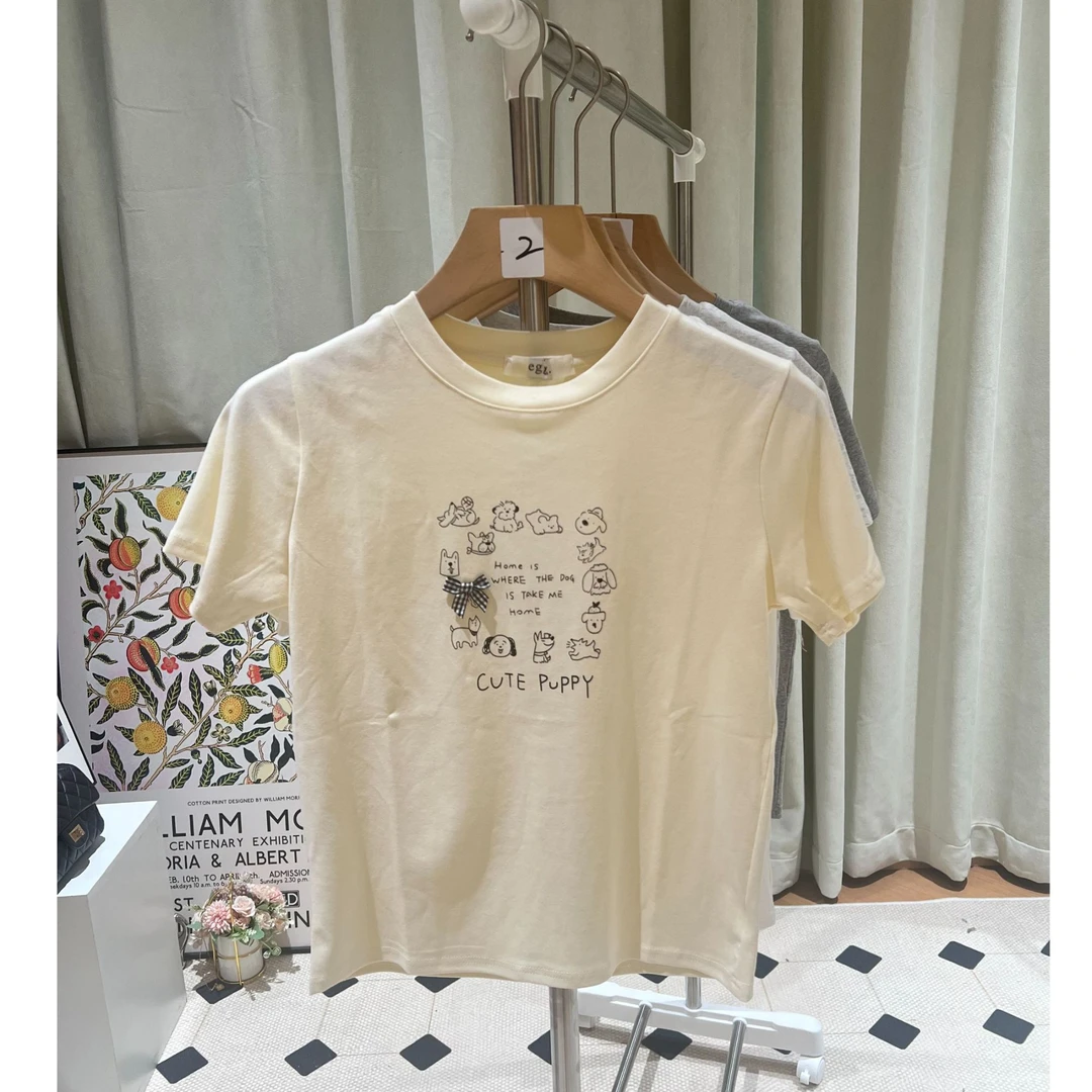 【俐心2】百搭舒适圣诞狗蝴蝶结图案圆领短袖T恤2号-E