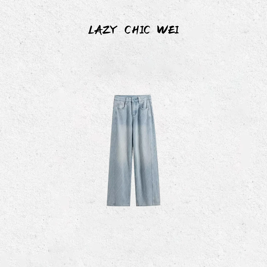 WEI 100棉菱形格烫钻凉感高腰牛仔裤2505SSW5502