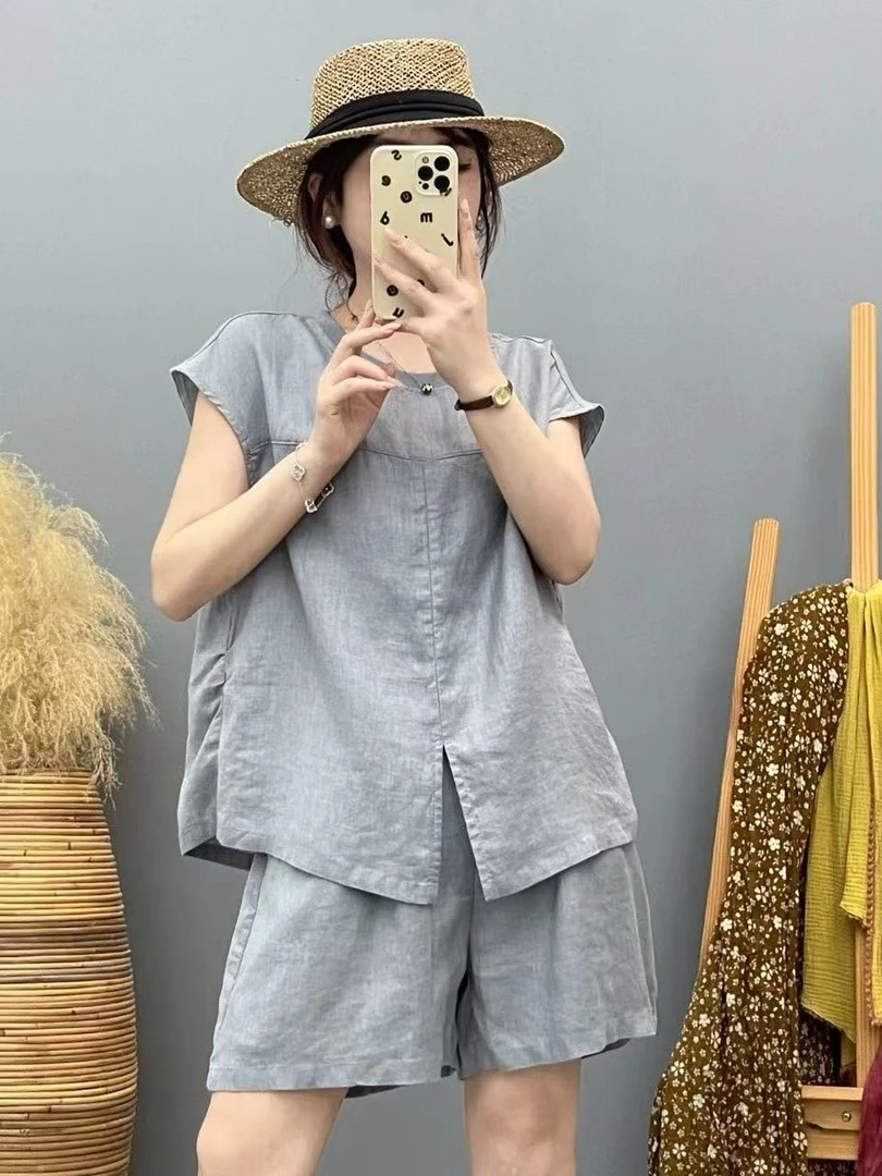 亚麻套装夏季新款高端简约风宽松背心衬衫上衣松紧腰短裤套装女