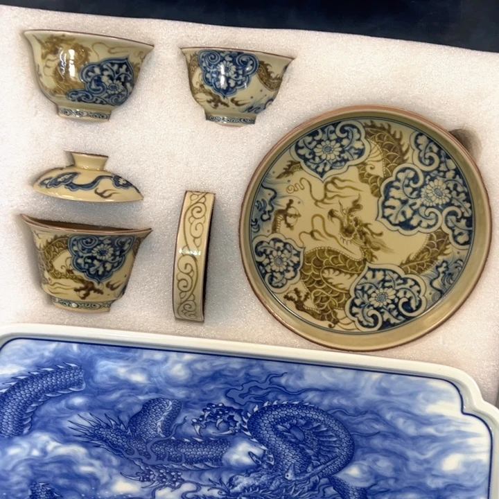 瓷片釉里金穿花龙五件套全品