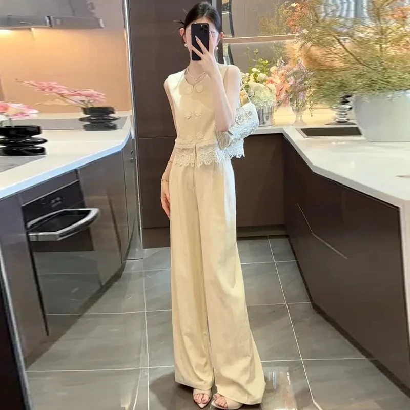 新中式休闲套装女2026年夏季新款高级感盘扣无袖上衣阔腿裤两件套