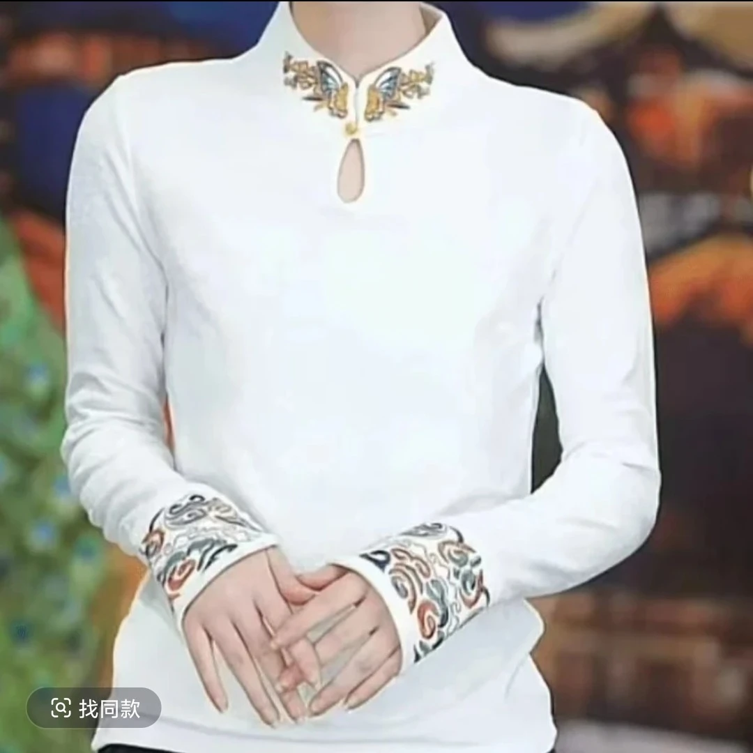 秋冬加厚保暖复古半高领长袖国风刺绣提花修身百搭打底衫