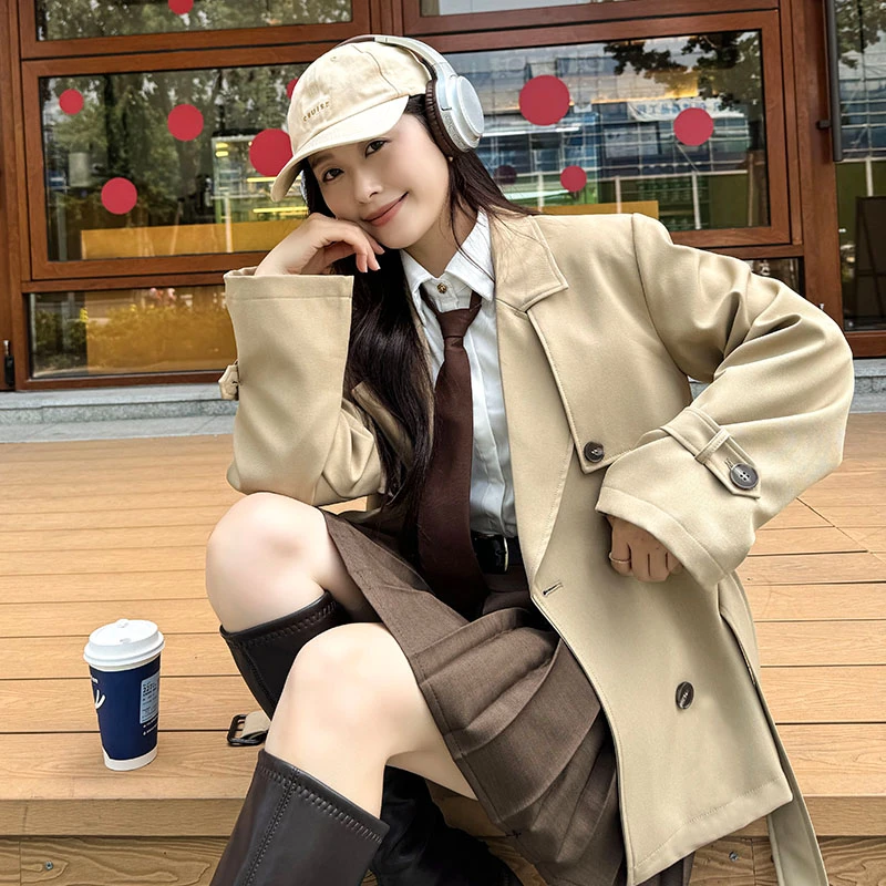 小个子卡其色风衣女2025春秋新款英伦风显瘦双排扣高级感短款外套