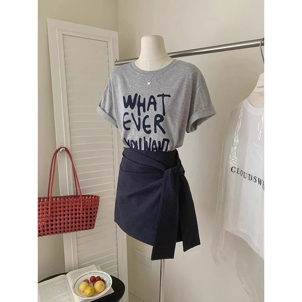 韩系百搭字母印花短袖t恤女夏季不规则绑带收腰a字半身裙套装