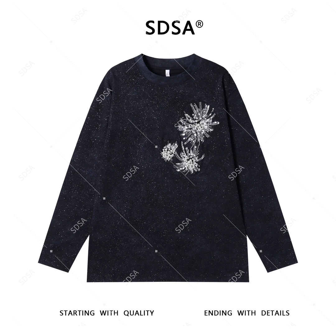 SDSA夏季新款男士痞帅满天星重工立体亮片珠子设计圆领短袖T恤潮