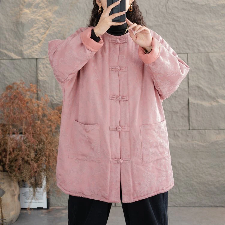 新中式棉衣外套女秋冬新款国风盘扣重工提花J圆领中长款保暖棉服