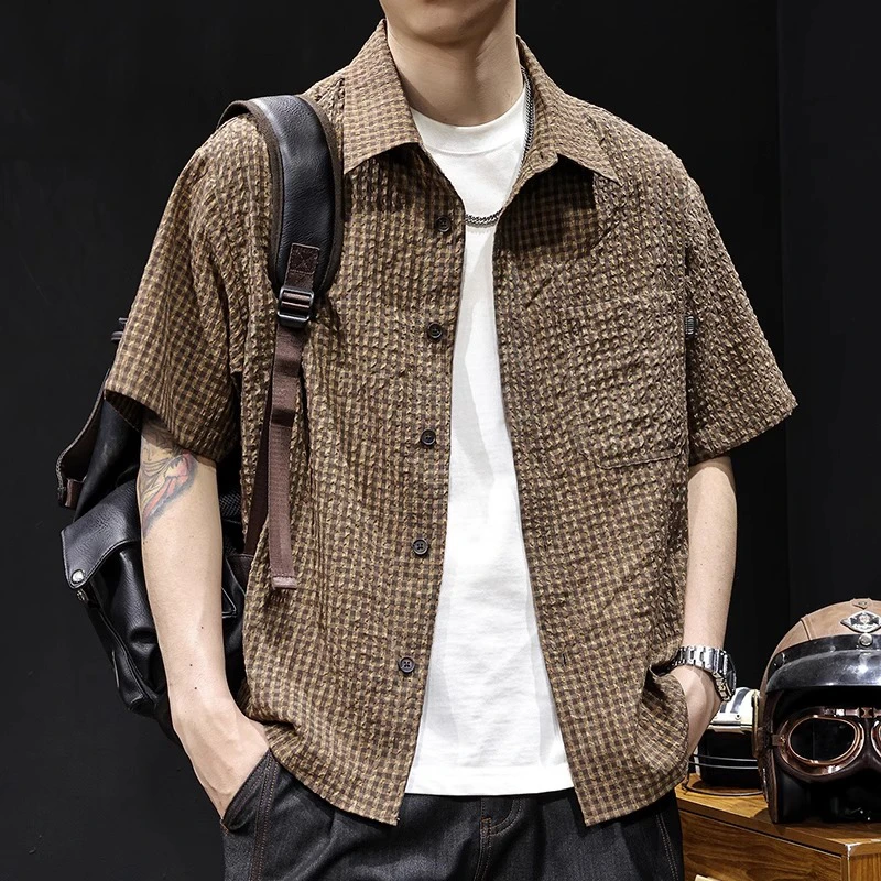 U&PURA衬衫短袖新款夏季轻奢复古肌理高级感男士休闲潮流格纹衬衫