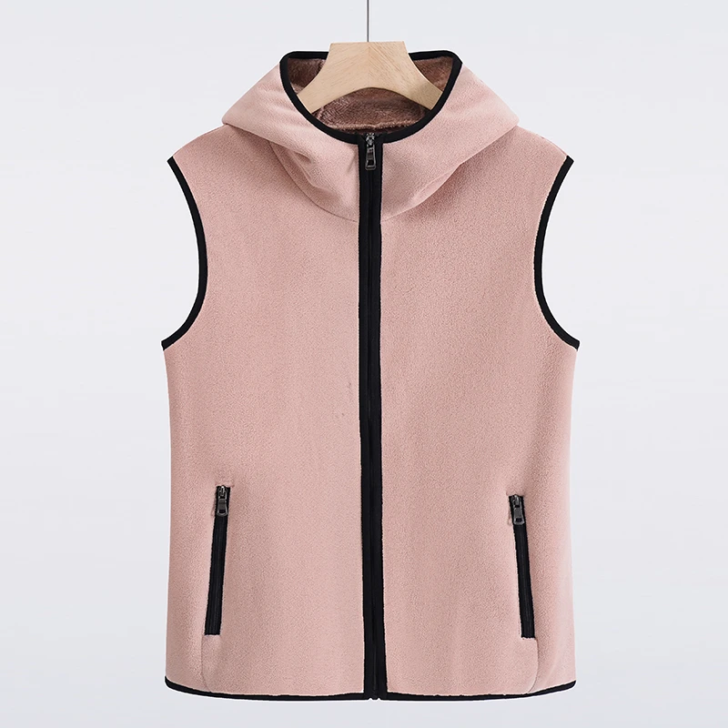 连帽奥粒绒马甲女士百搭拼接拉链马夹无袖坎肩秋冬双面绒加绒加厚