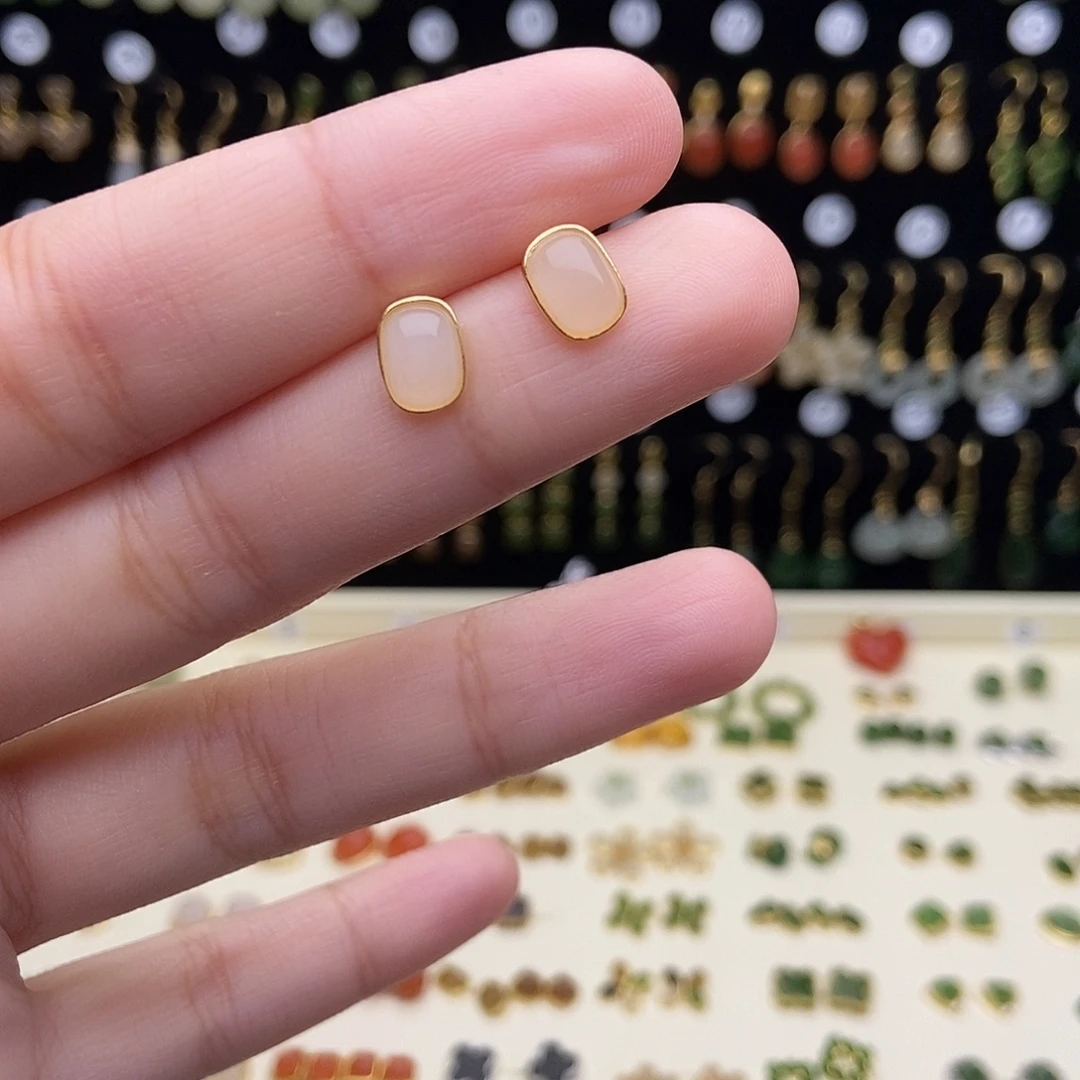 和田玉银S925镀金镶嵌耳饰