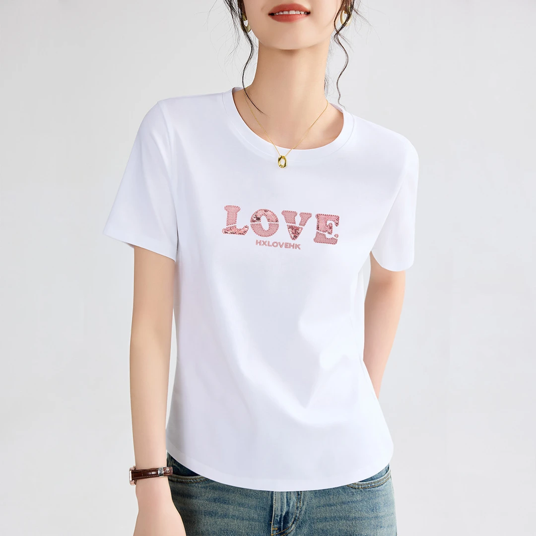 凉感液氨丝光棉正肩白色短袖T恤女 25春夏字母刺绣圆领内搭打底衫