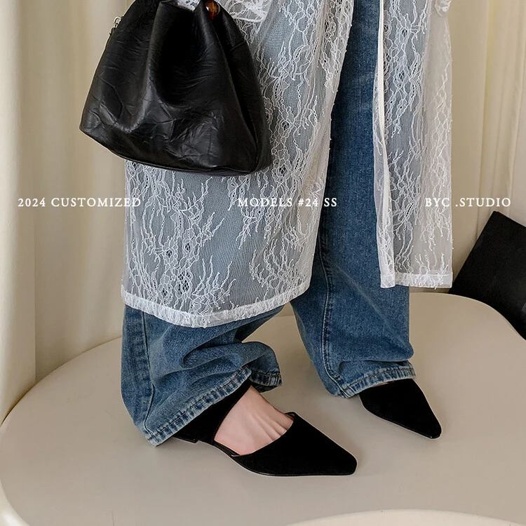 包头拖2025年春季通勤粗跟粗跟纯色羊皮凉拖鞋半拖休闲尖头百搭