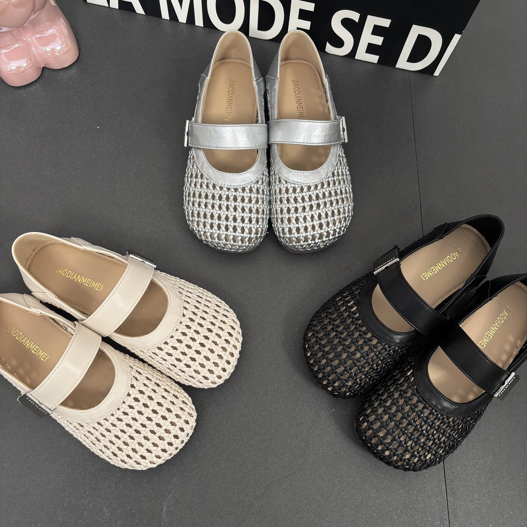2025镂空圆头夏季增高胶粘单鞋百搭春夏公主鞋平底浅口皮鞋