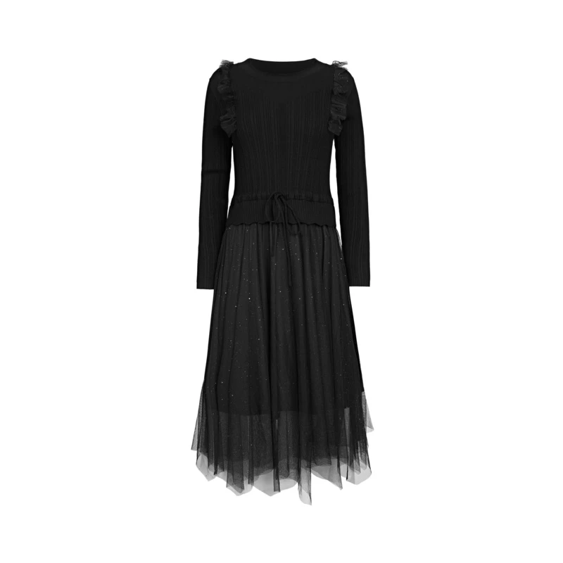 S·DEER圣迪奥时尚罗纹圆领网纱收腰针织优雅轻奢连衣裙S23181202