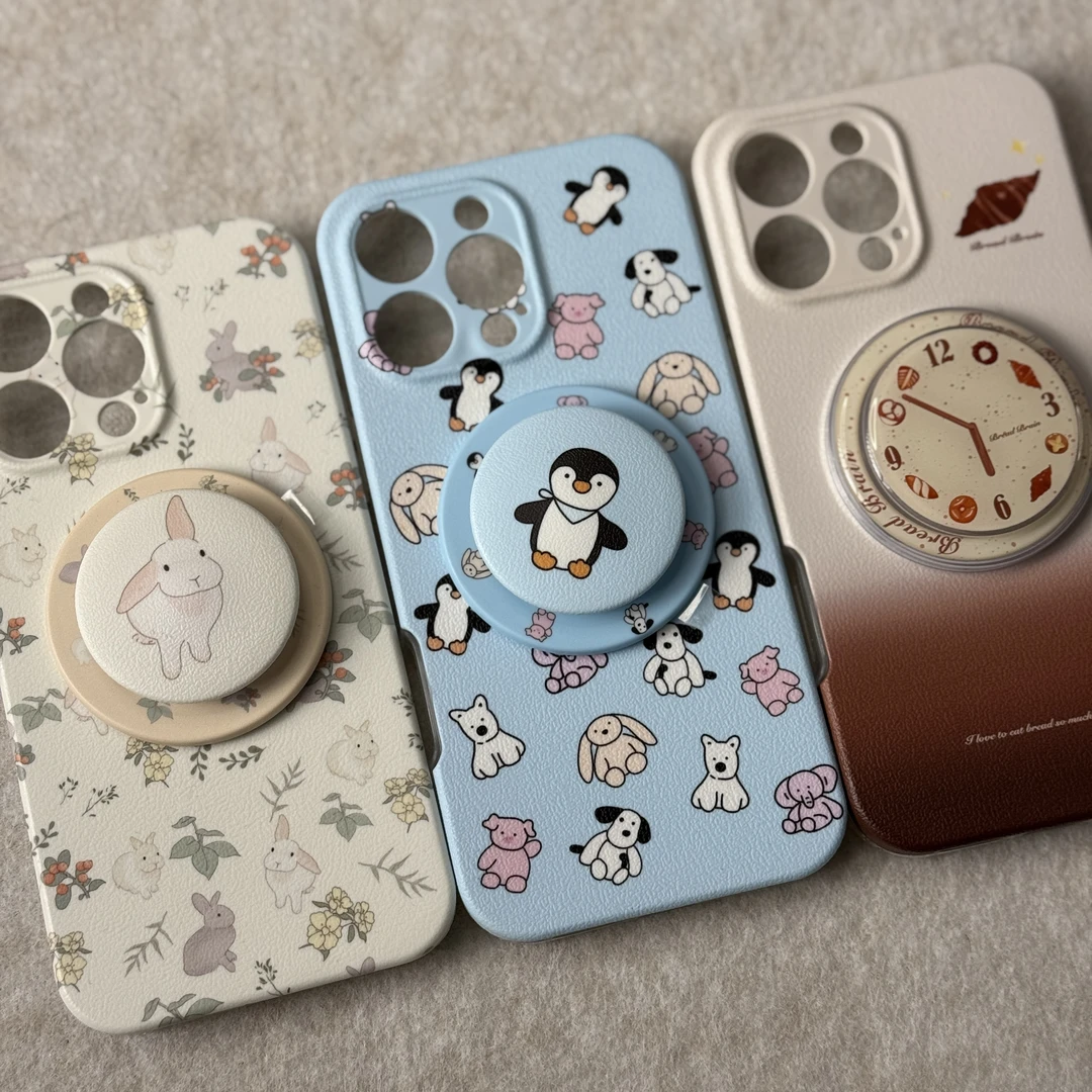 皮质皮纹企鹅兔子时钟磁吸支架苹果手机壳适用iPhone16Promax防摔