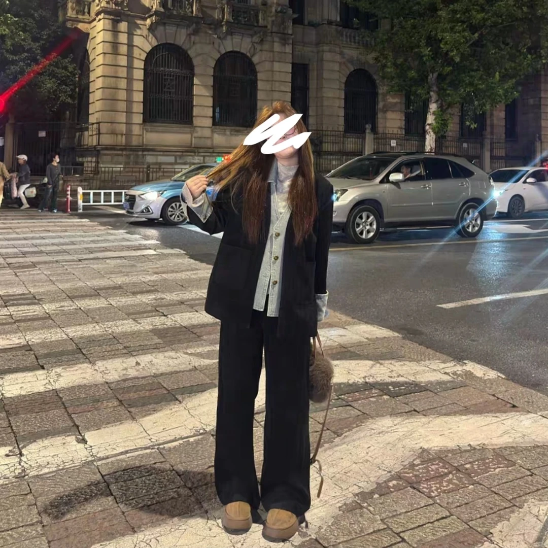 秋冬新款大码女装宽松显瘦牛仔拼接外套+半身裙显瘦套装阔腿裤