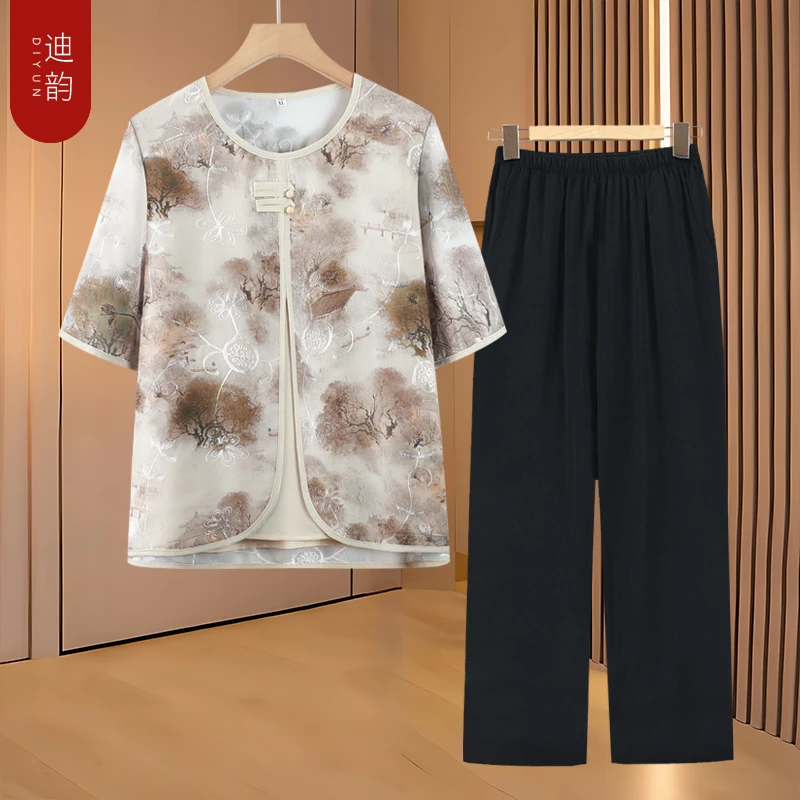 奶奶装薄款时尚衬衫七分袖60岁70中老年上衣服女妈妈装圆领假两件
