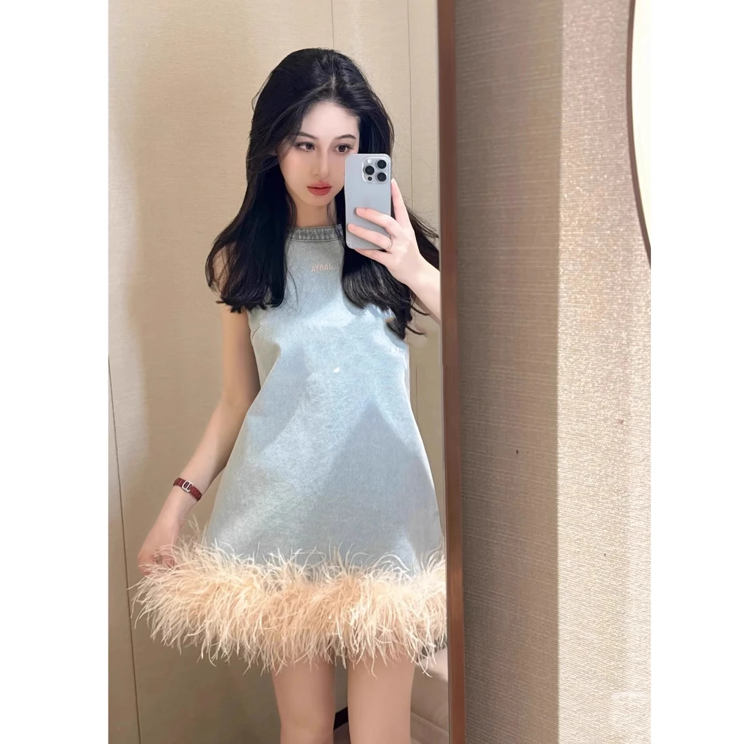 2025春季新款 高级感气质仙女羽毛牛仔连衣裙