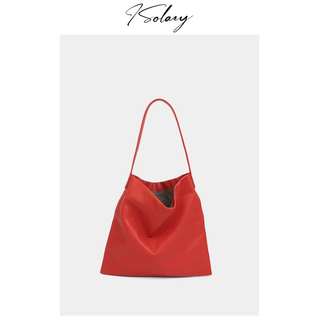 isolazy/小众进口植鞣羊皮单肩托特质感红色