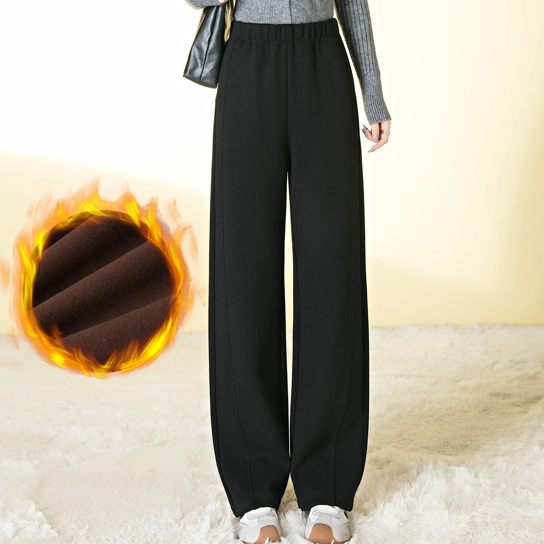 加绒加厚松紧腰休闲裤女士2025冬季新款宽松阔腿裤高腰显瘦弯刀裤