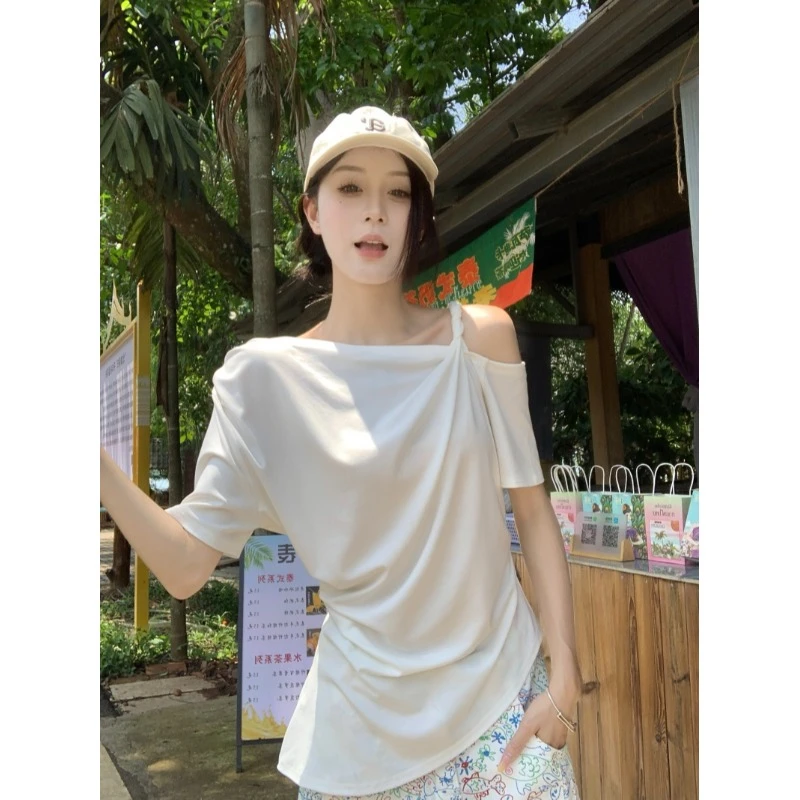 【全额运补】设计感小众扭结斜肩短袖T恤女装新款夏季辣妹宽松露
