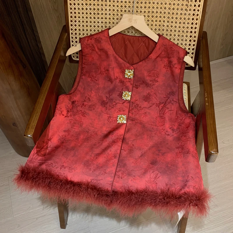 【人间富贵】新中式国风提花鸵鸟毛棉衣棉服马夹上衣外套女