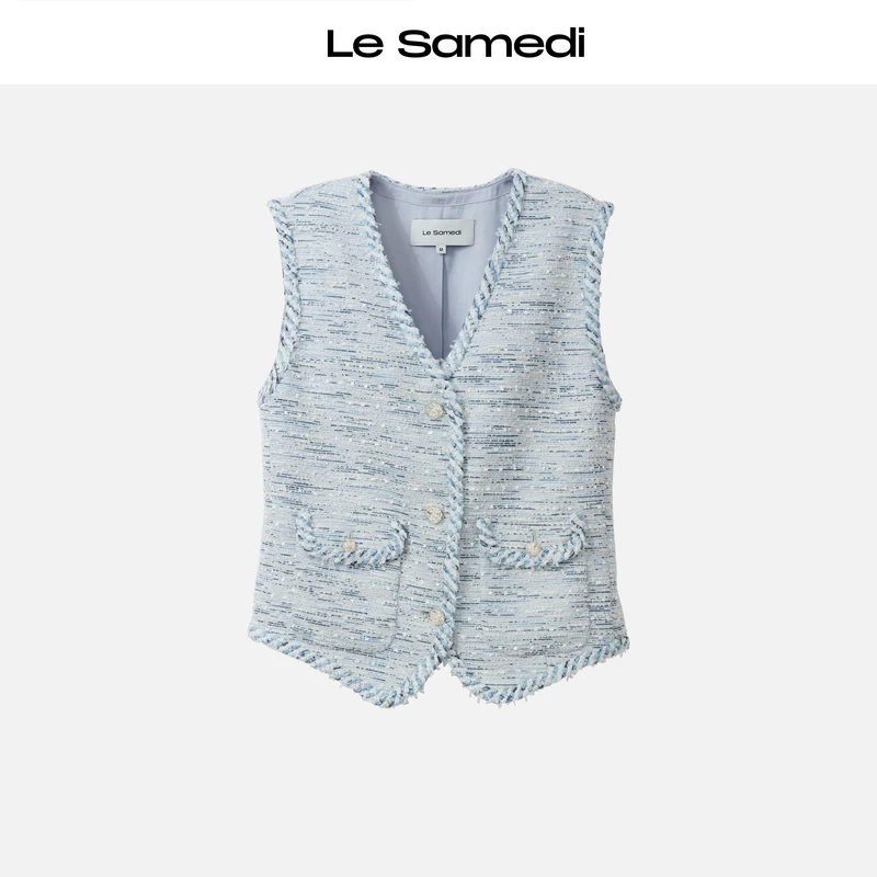 Le Samedi【海岛庄园】 清爽冰蓝 千金香风 编织花呢V领马甲