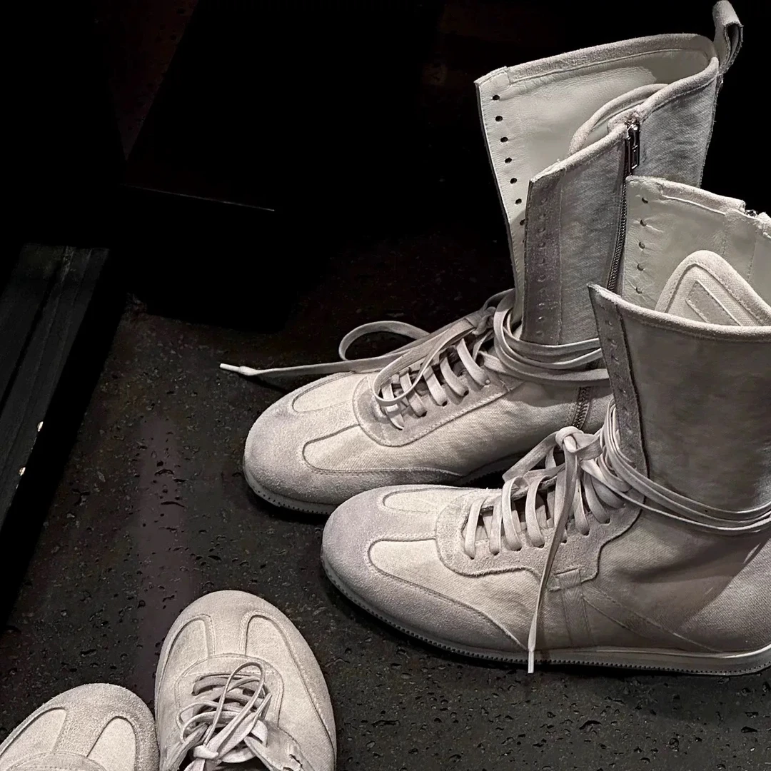 pomo帆布靴子牛仔布马丁靴夏季拳击靴炸街帅气绑带靴