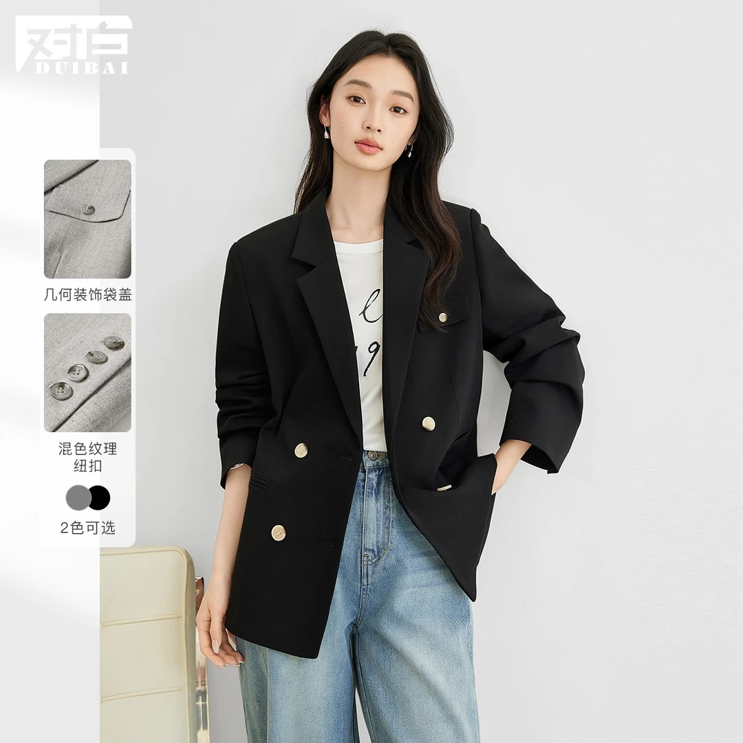 对白灰色宽松廓形西装外套女2025秋季新款复古高级感气质休闲西服
