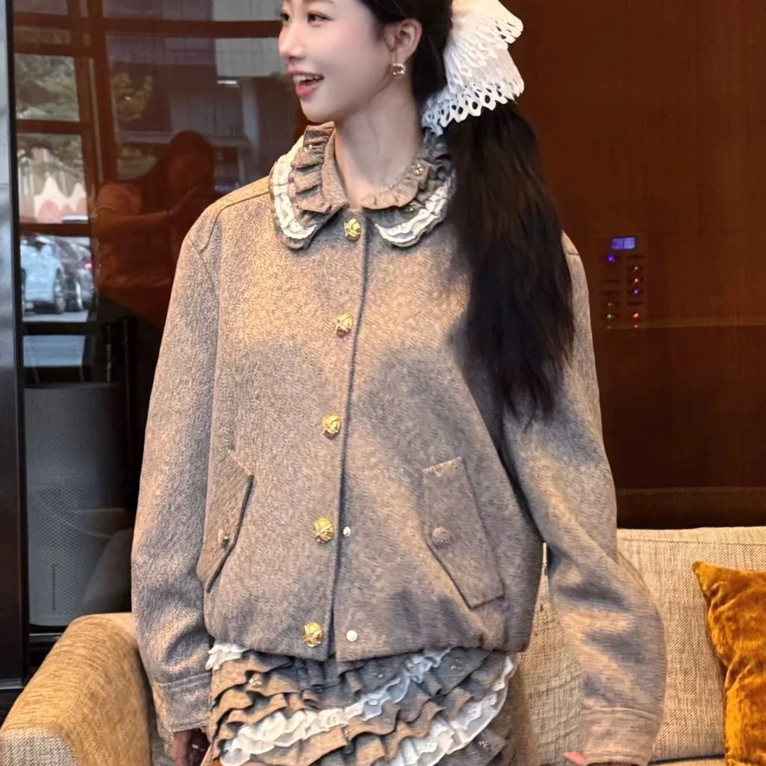 花颜秋冬小个子设计感上衣翻领时尚复古针织减龄套装