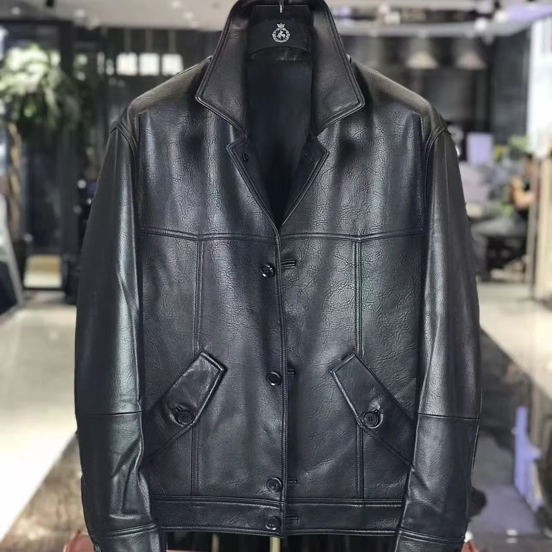 【VanJazny】高端男士常规款男纯色翻领直下摆皮衣休闲加绒58309