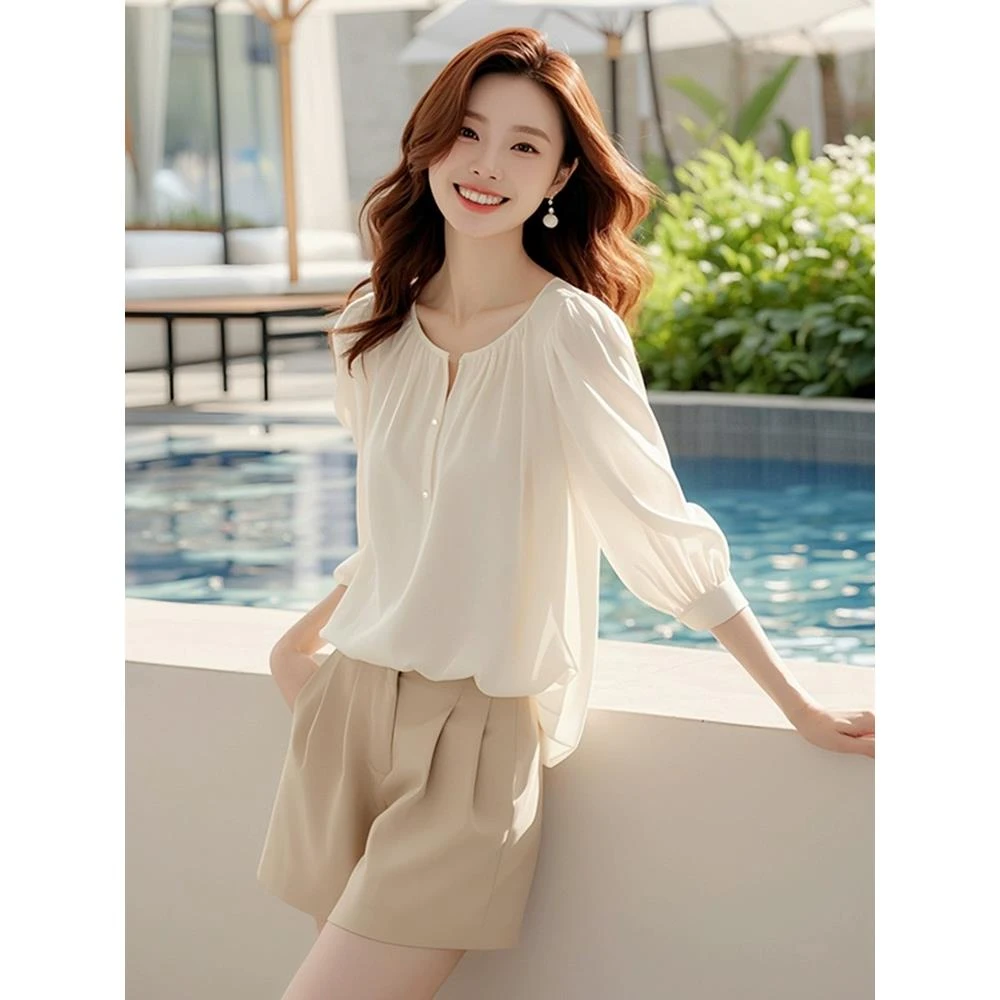 2025夏季小个子韩版chic气质名媛独特别致设计感白色雪纺衬衫上衣