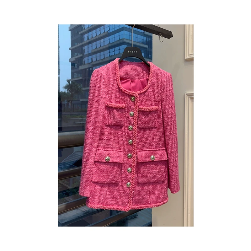 【孤品中长玫红小香风】气质轻奢时尚编织外套