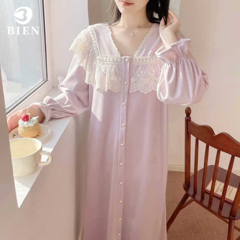 BIEN睡袍女秋冬季甜美可爱公主风家居服海岛绒长裙法式宫廷风新款