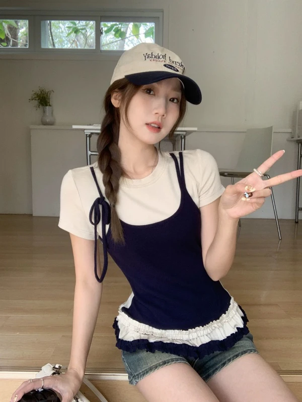 FUYUE假两件花边上衣辣妹短款显瘦小众撞色