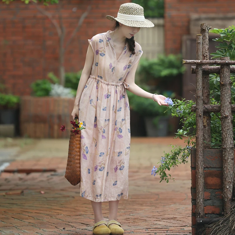 澳希美2025年夏季文艺优雅过膝连衣裙长款气质碎花长裙