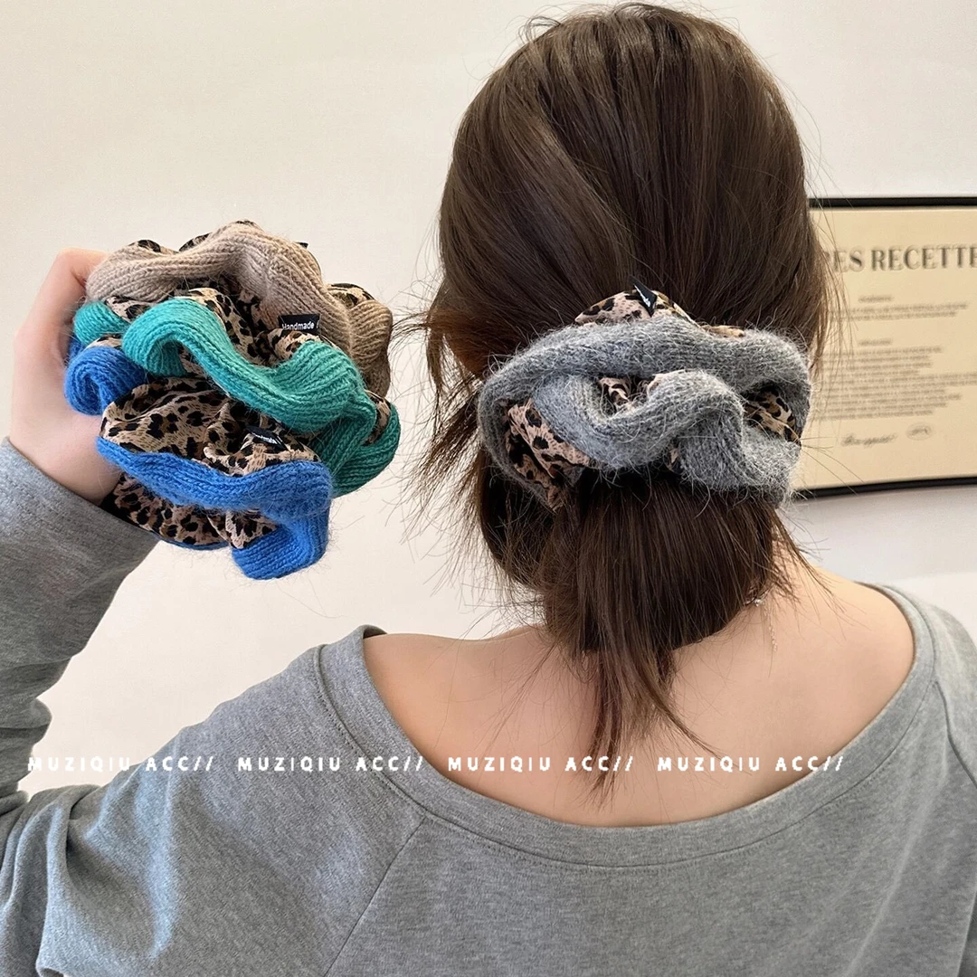 木子秋豹纹拼接针织网红发圈高级感秋冬手作时尚温柔扎马尾发饰