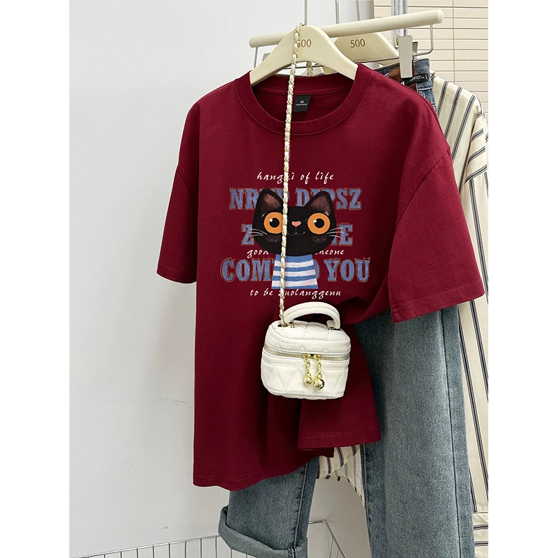 猫咪印花休闲纯棉短袖t恤2025春季新款韩版宽松显瘦大码女装上衣