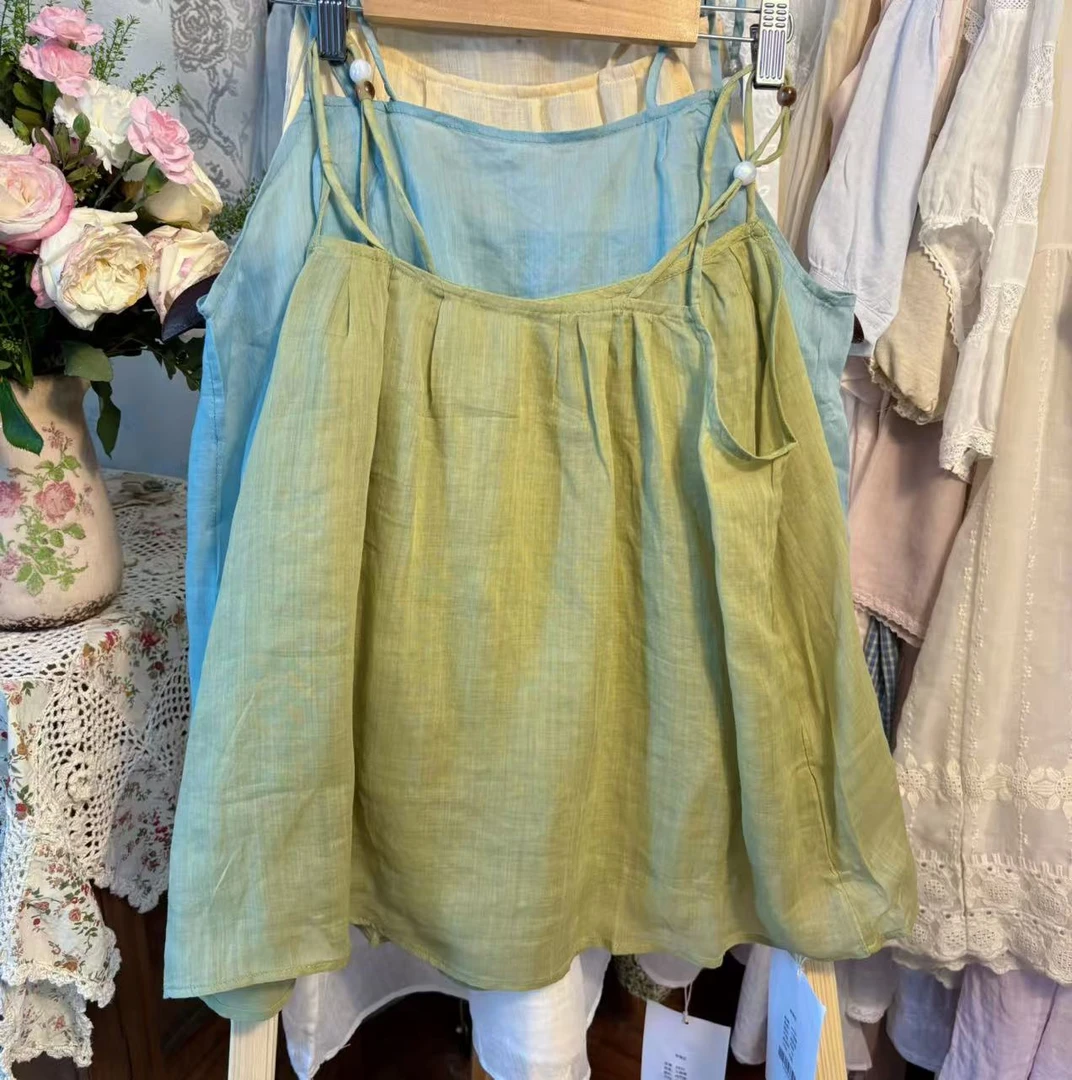 若梦 白色纯苎麻纯色背心女宽松文艺无袖上衣轻薄内搭打底小吊带