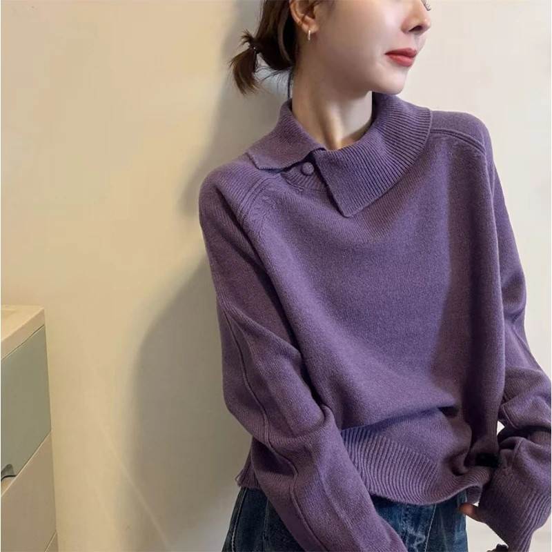 法式气质温柔风翻领针织毛衣女秋冬新款胖MM慵懒软糯气质大码上衣