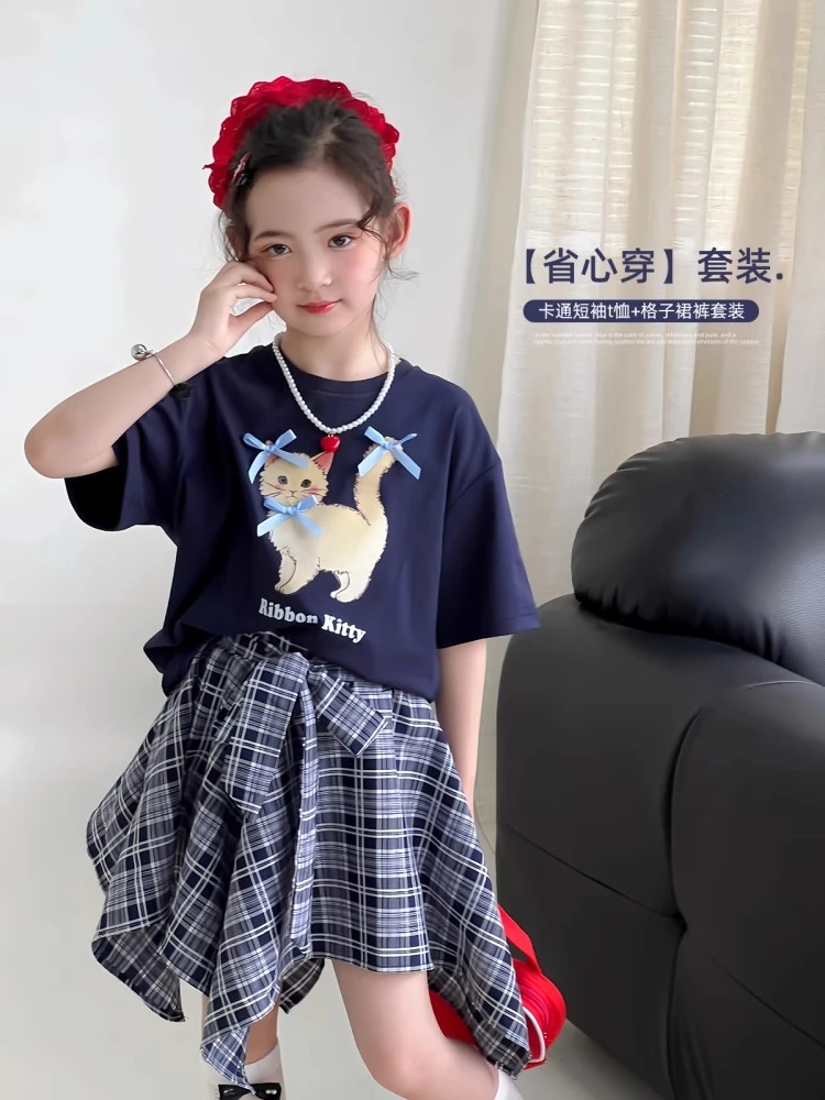 女童套装2025夏季新款儿童夏装韩版短袖T恤格子半身裙子25042917