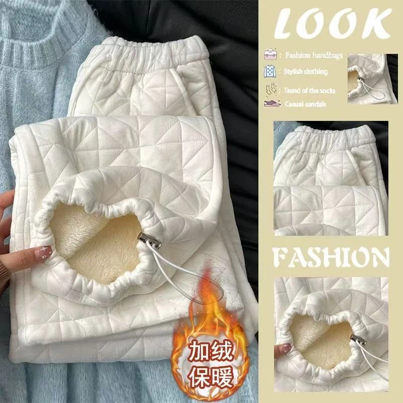 被惊艳到了！白色菱格绗缝休闲裤女冬季2025新款高腰直筒束脚卫裤