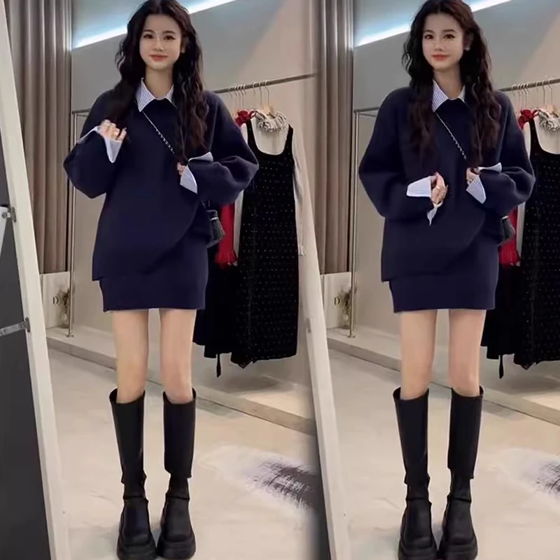 春秋温柔系穿搭女韩系宽松假两件polo领拼接毛衣+半身裙两件套装